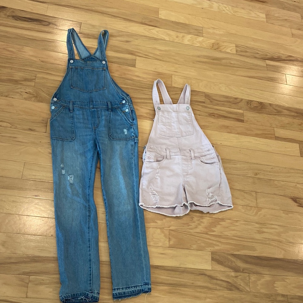 Old Navy 2 sets of overalls. 1 denim, 1 pink denim, both distressed. XL size 14